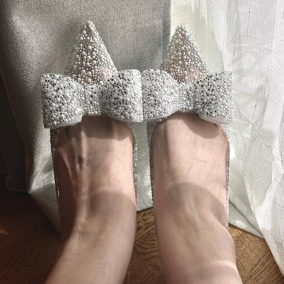 NEW BETSEY JOHNSON Patti Faux Pearl Slingback Heels With Bow in Pearl 825 3m7 - Picture 11 of 12